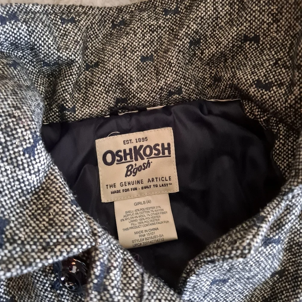 OshKosh B'gosh Tweed dbl breasted pea coat with sherpa hood and blu bow …